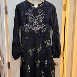 LOFT Navy Blue Floral Print Long Sleeve Dress